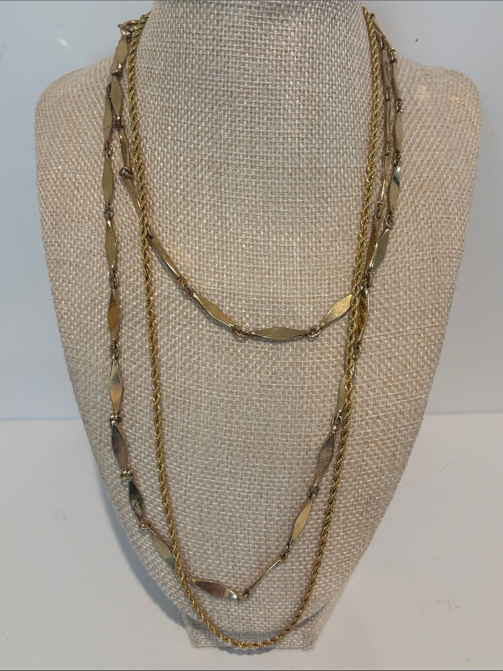 Vintage Gold Tone Necklace Lot of 2 • Layering Rope & Marquise Station Chains